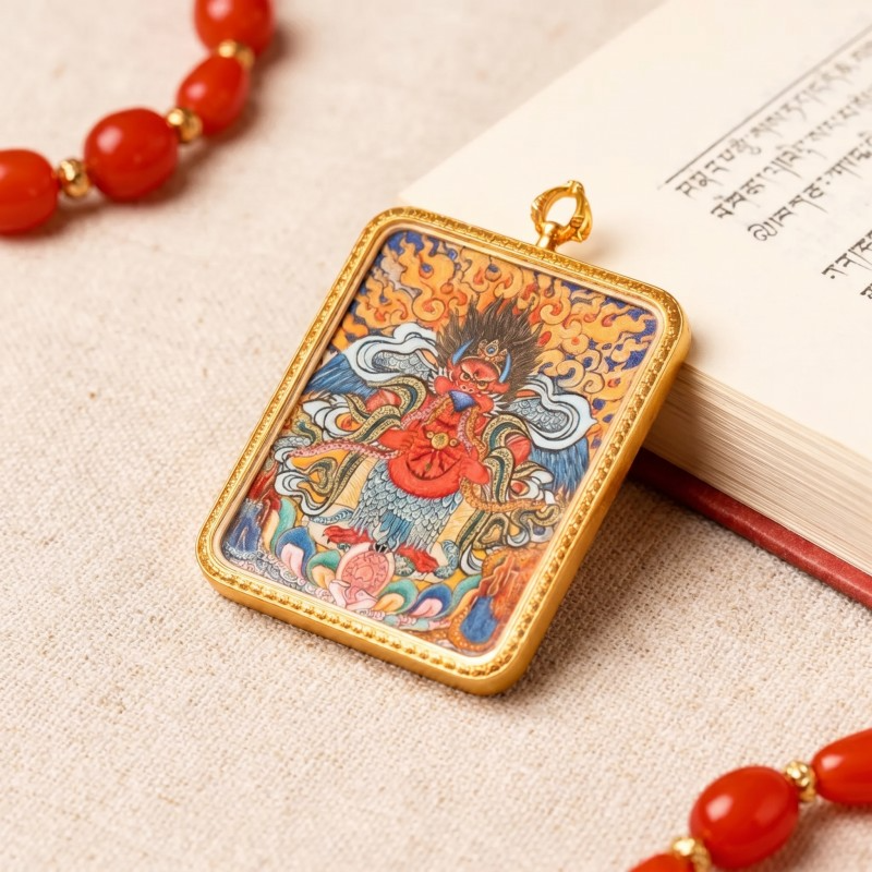 Garuda (Golden-Winged Bird) Hand-Painted Thangka Pendant | Protector Against Harm & Negative Energies Amulet thumbnail