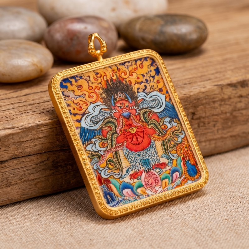 Garuda (Golden-Winged Bird) Hand-Painted Thangka Pendant | Protector Against Harm & Negative Energies Amulet thumbnail