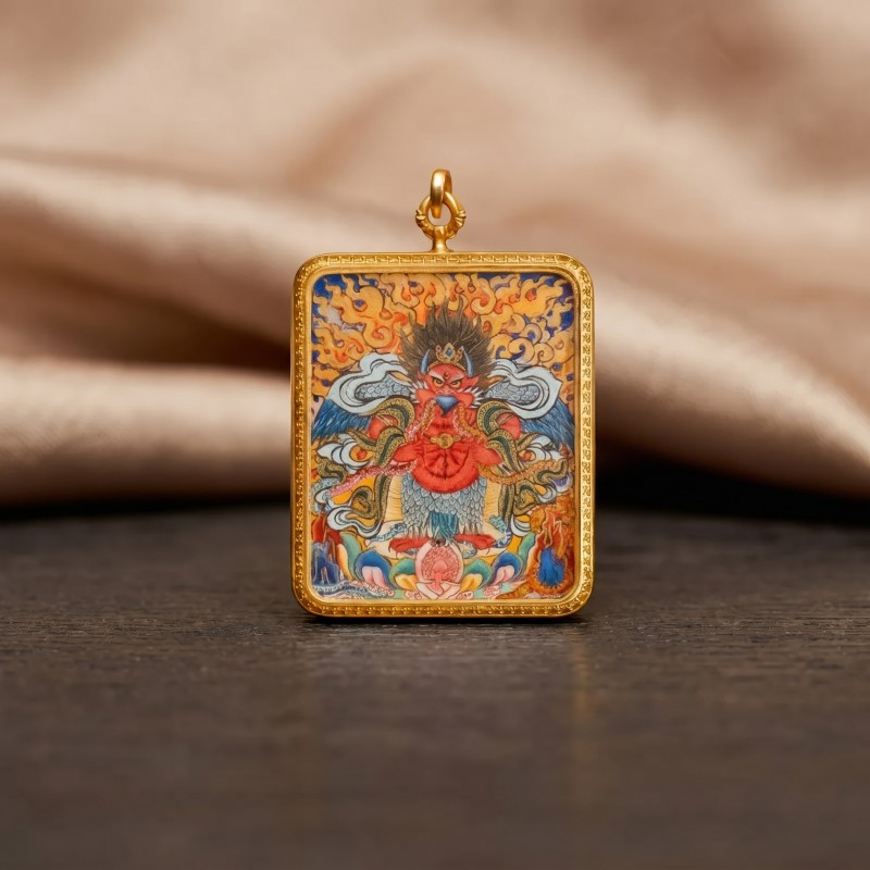 Garuda (Golden-Winged Bird) Hand-Painted Thangka Pendant | Protector Against Harm & Negative Energies Amulet thumbnail