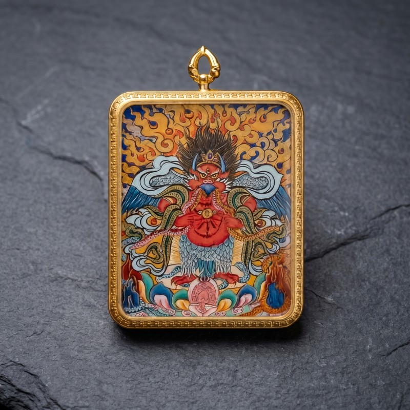 Garuda (Golden-Winged Bird) Hand-Painted Thangka Pendant | Protector Against Harm & Negative Energies Amulet thumbnail