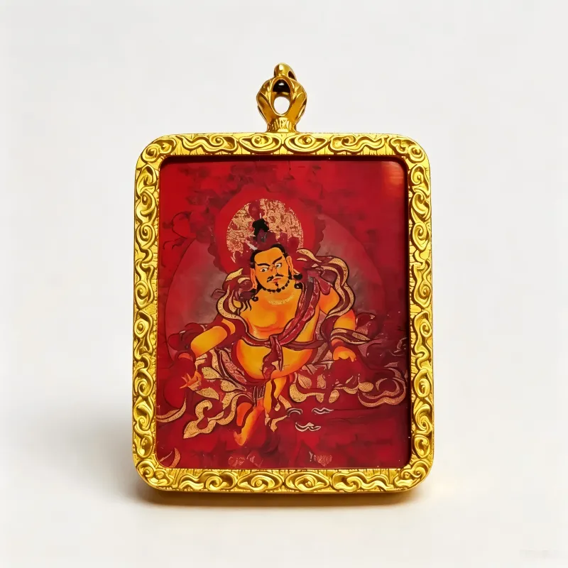 Green Jambhala Hand-Painted Thangka Pendant | God of Growth & Business Wealth Amulet thumbnail