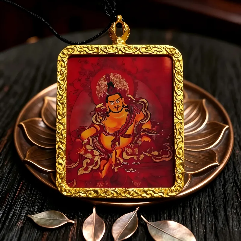 Green Jambhala Hand-Painted Thangka Pendant | God of Growth & Business Wealth Amulet thumbnail