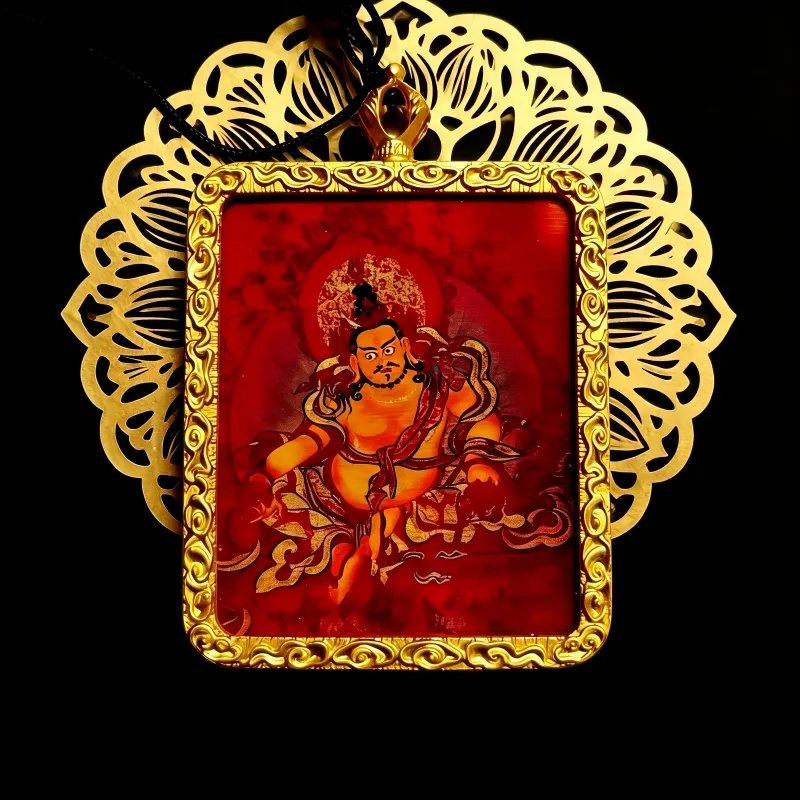Green Jambhala Hand-Painted Thangka Pendant | God of Growth & Business Wealth Amulet thumbnail