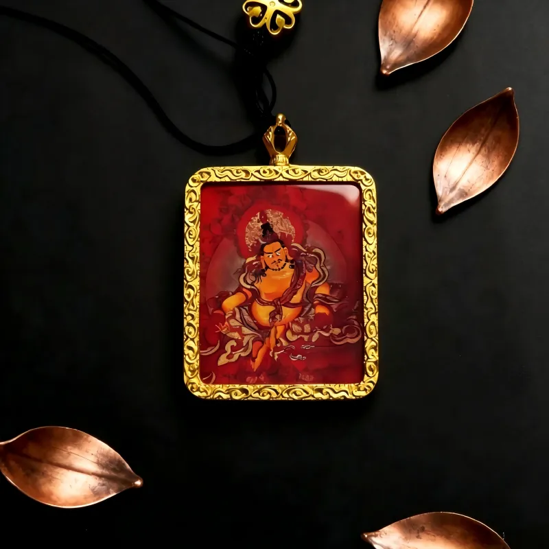 Green Jambhala Hand-Painted Thangka Pendant | God of Growth & Business Wealth Amulet thumbnail