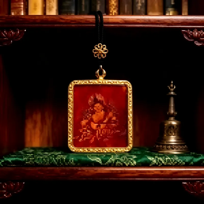 Green Jambhala Hand-Painted Thangka Pendant | God of Growth & Business Wealth Amulet thumbnail