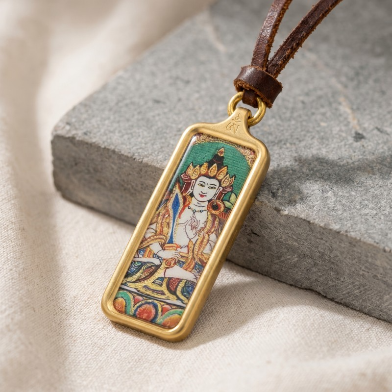Green Tara Hand-Painted Thangka Pendant | Goddess of Compassion & Protection Amulet thumbnail