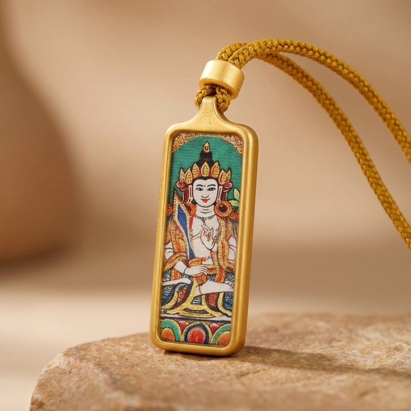 Green Tara Hand-Painted Thangka Pendant | Goddess of Compassion & Protection Amulet thumbnail