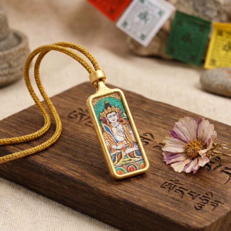 Green Tara Hand-Painted Thangka Pendant | Goddess of Compassion & Protection Amulet thumbnail