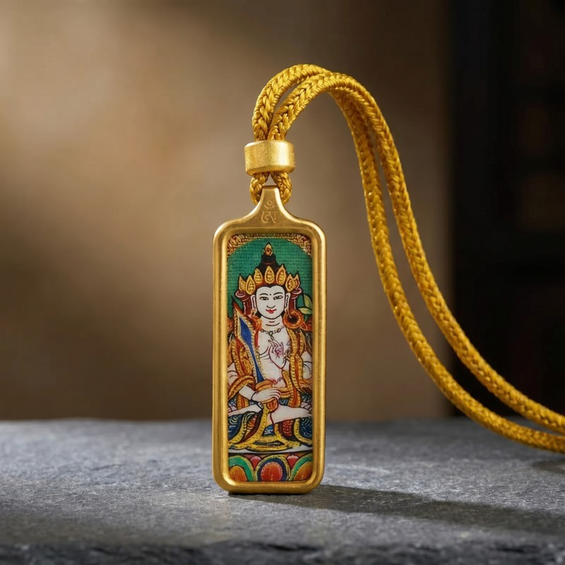 Green Tara Hand-Painted Thangka Pendant | Goddess of Compassion & Protection Amulet thumbnail