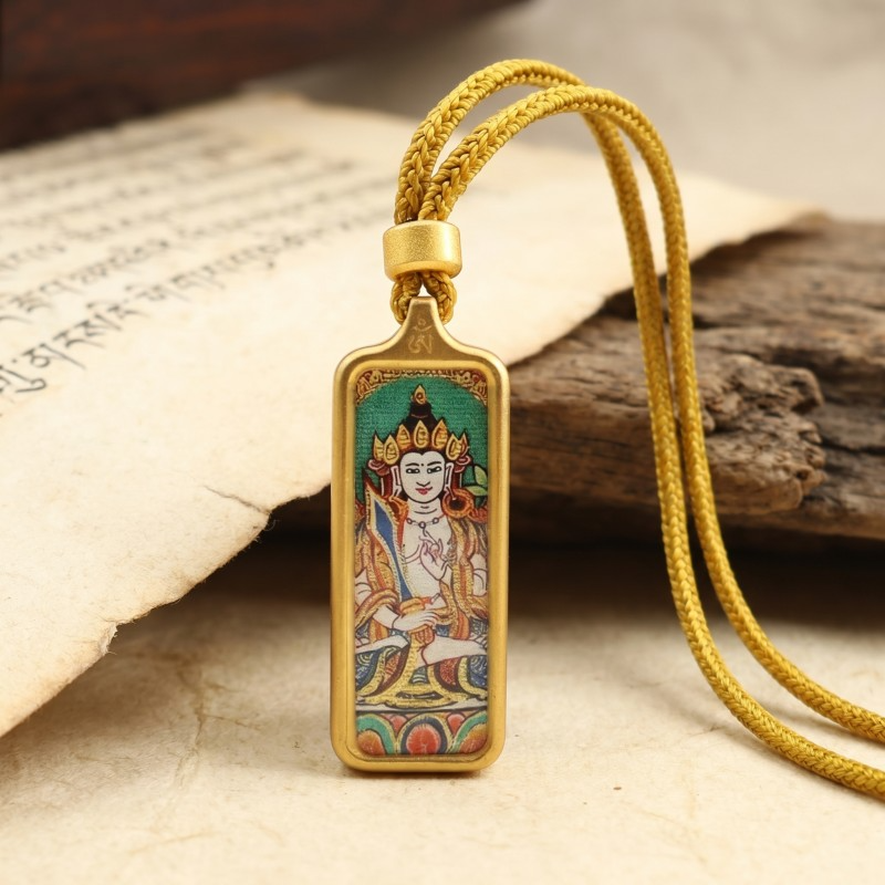 Green Tara Hand-Painted Thangka Pendant | Goddess of Compassion & Protection Amulet thumbnail