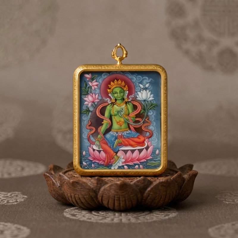 Green Tara Hand-Painted Thangka Pendant | Swift Obstacle-Removing Goddess Amulet for Protection & Good Luck thumbnail