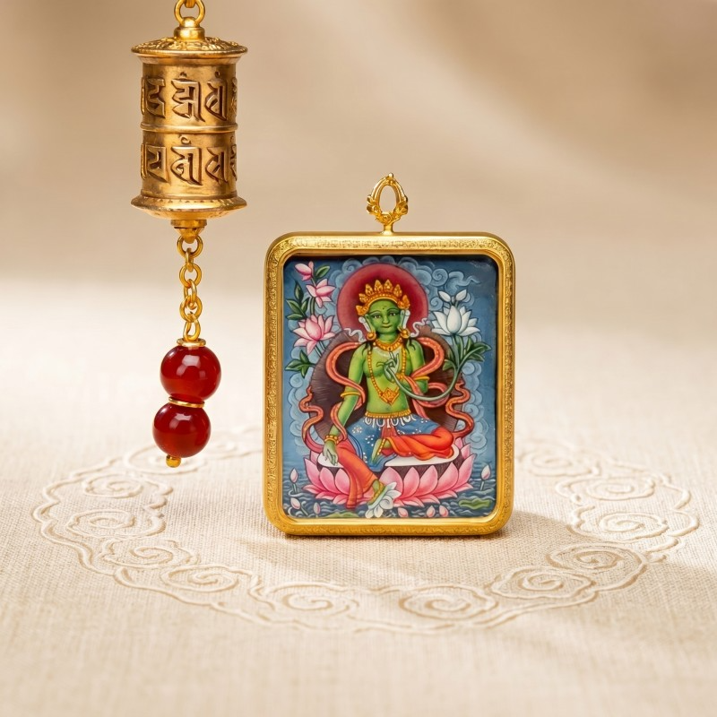 Green Tara Hand-Painted Thangka Pendant | Swift Obstacle-Removing Goddess Amulet for Protection & Good Luck thumbnail