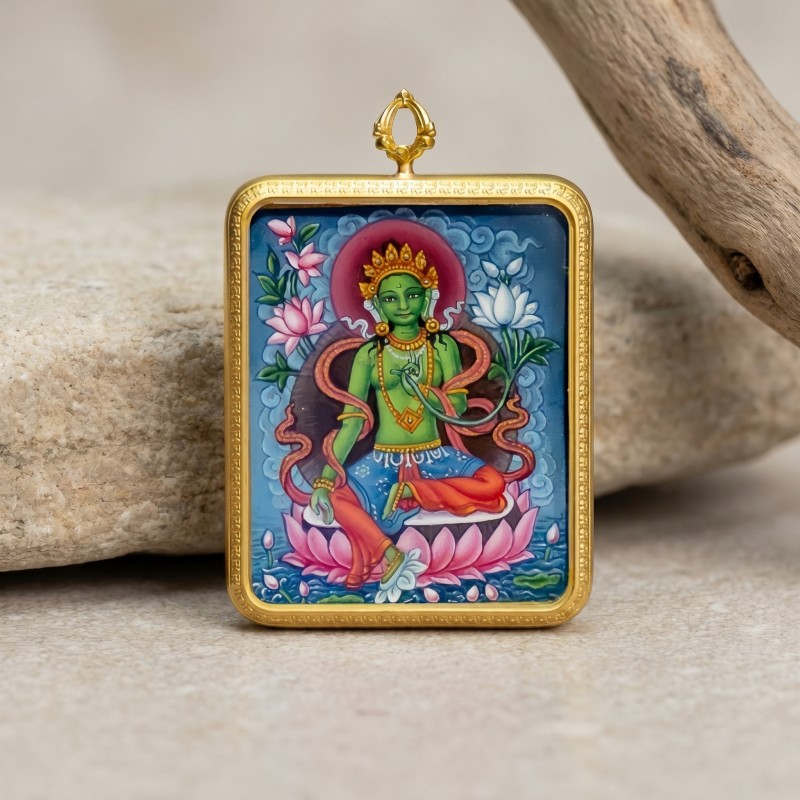 Green Tara Hand-Painted Thangka Pendant | Swift Obstacle-Removing Goddess Amulet for Protection & Good Luck thumbnail