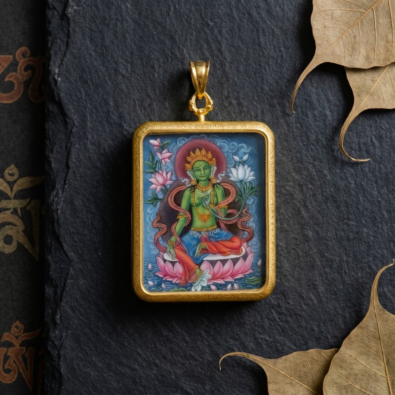 Green Tara Hand-Painted Thangka Pendant | Swift Obstacle-Removing Goddess Amulet for Protection & Good Luck thumbnail
