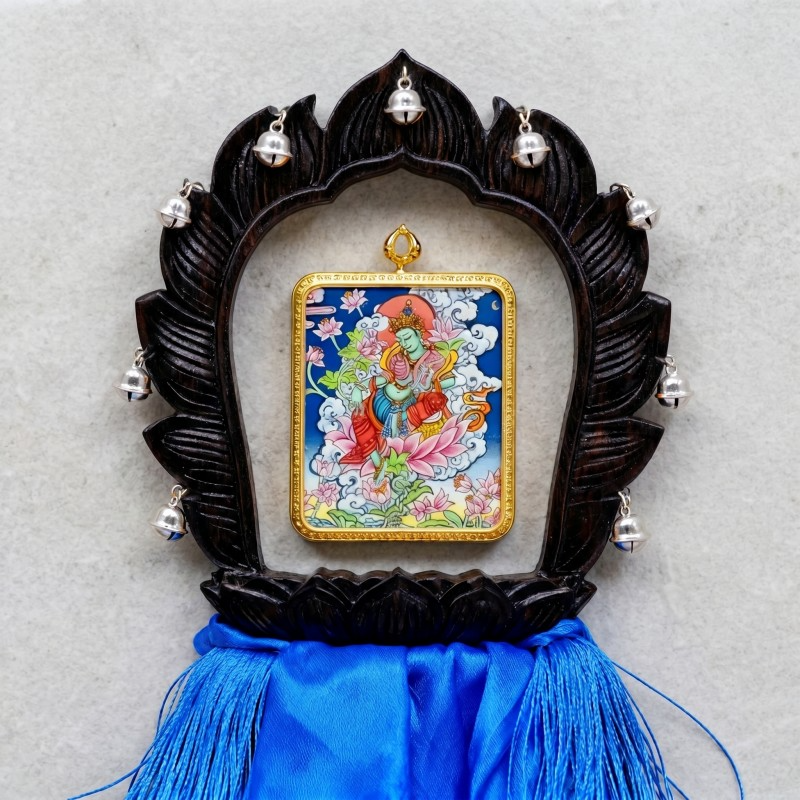 Green Tara Hand-Painted Thangka Pendant | Swift Obstacle-Removing Goddess Amulet for Protection & Good Luck thumbnail