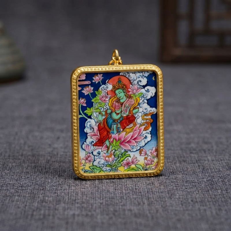 Green Tara Hand-Painted Thangka Pendant | Swift Obstacle-Removing Goddess Amulet for Protection & Good Luck thumbnail