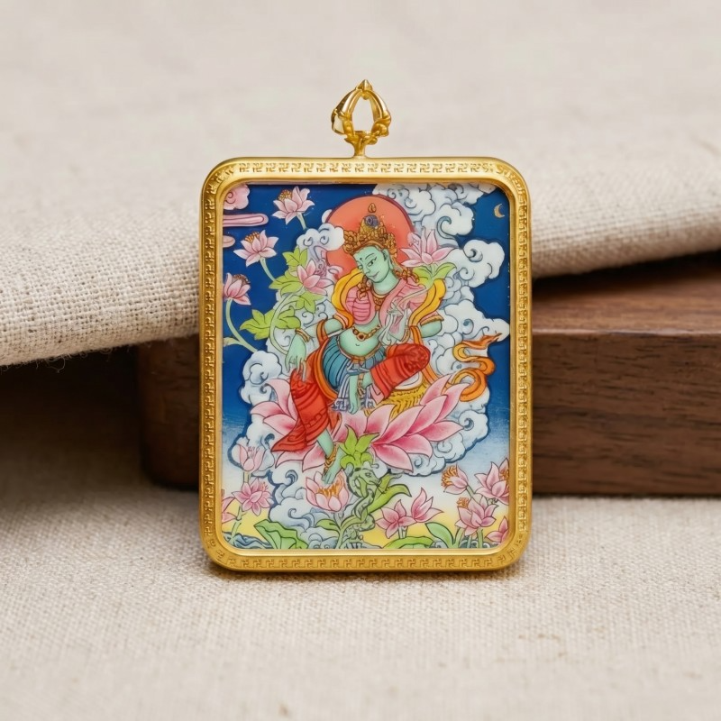 Green Tara Hand-Painted Thangka Pendant | Swift Obstacle-Removing Goddess Amulet for Protection & Good Luck thumbnail