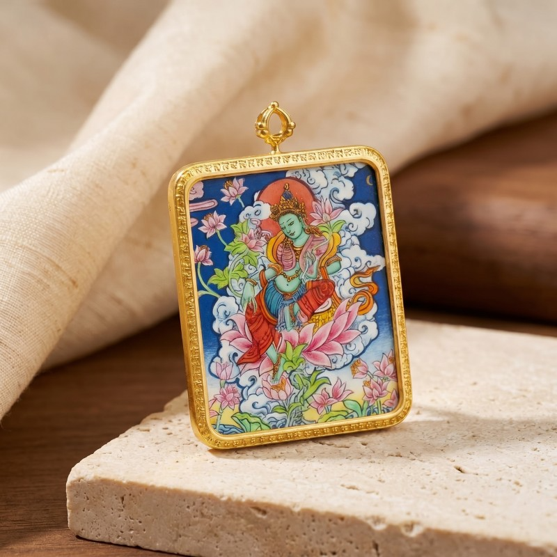 Green Tara Hand-Painted Thangka Pendant | Swift Obstacle-Removing Goddess Amulet for Protection & Good Luck thumbnail
