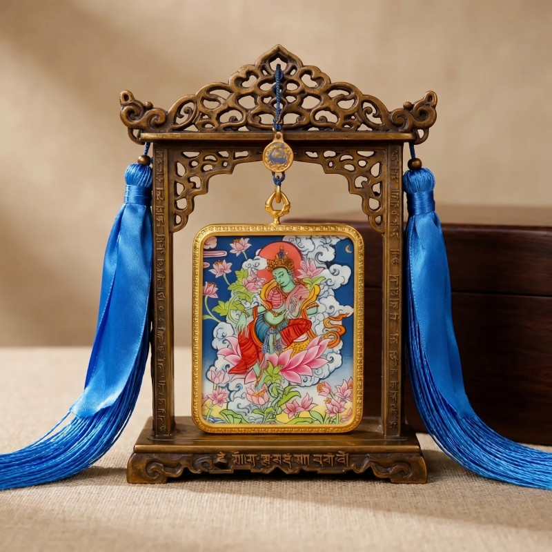 Green Tara Hand-Painted Thangka Pendant | Swift Obstacle-Removing Goddess Amulet for Protection & Good Luck thumbnail