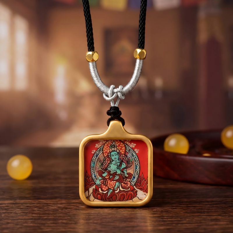 Green Tara Hand-Painted Thangka Pendant | Swift Obstacle-Removing Goddess Amulet for Protection & Good Luck thumbnail