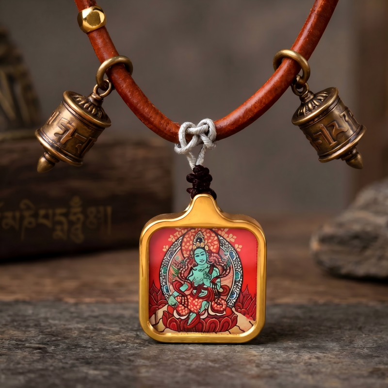Green Tara Hand-Painted Thangka Pendant | Swift Obstacle-Removing Goddess Amulet for Protection & Good Luck thumbnail
