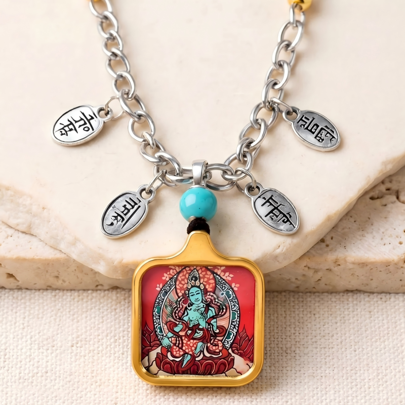 Green Tara Hand-Painted Thangka Pendant | Swift Obstacle-Removing Goddess Amulet for Protection & Good Luck thumbnail
