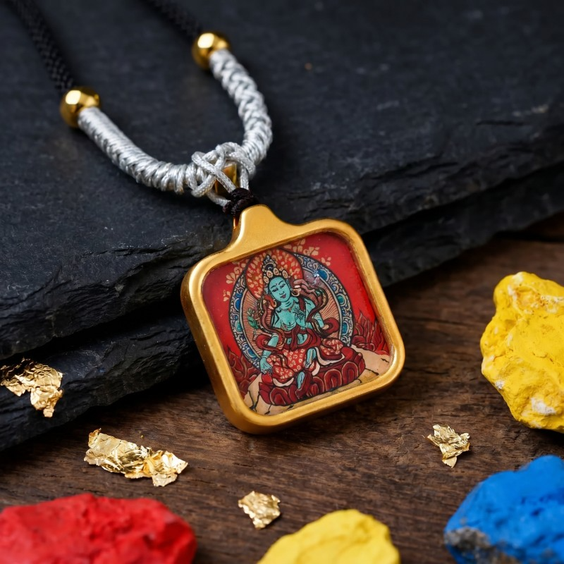 Green Tara Hand-Painted Thangka Pendant | Swift Obstacle-Removing Goddess Amulet for Protection & Good Luck thumbnail