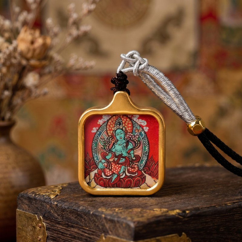 Green Tara Hand-Painted Thangka Pendant | Swift Obstacle-Removing Goddess Amulet for Protection & Good Luck thumbnail