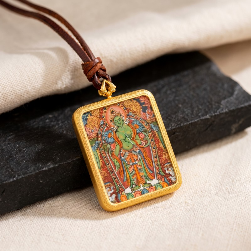 Green Tara Hand-Painted Thangka Pendant | Swift Obstacle-Removing Goddess Amulet for Protection & Good Luck thumbnail