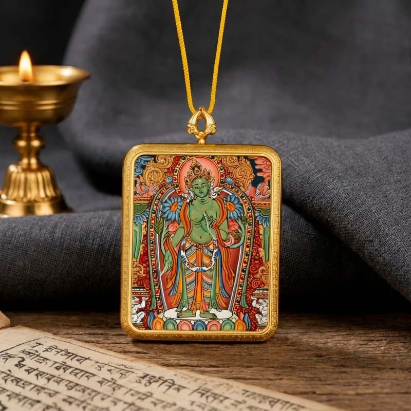 Green Tara Hand-Painted Thangka Pendant | Swift Obstacle-Removing Goddess Amulet for Protection & Good Luck thumbnail