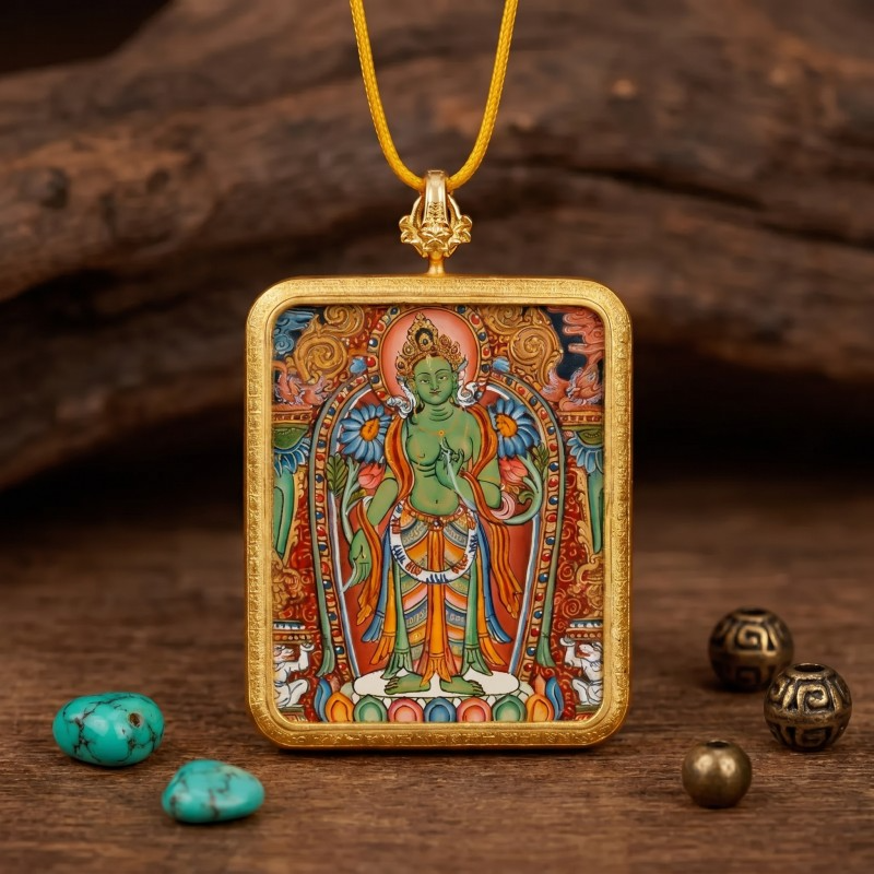 Green Tara Hand-Painted Thangka Pendant | Swift Obstacle-Removing Goddess Amulet for Protection & Good Luck thumbnail