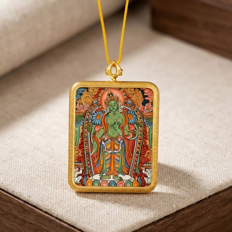 Green Tara Hand-Painted Thangka Pendant | Swift Obstacle-Removing Goddess Amulet for Protection & Good Luck thumbnail
