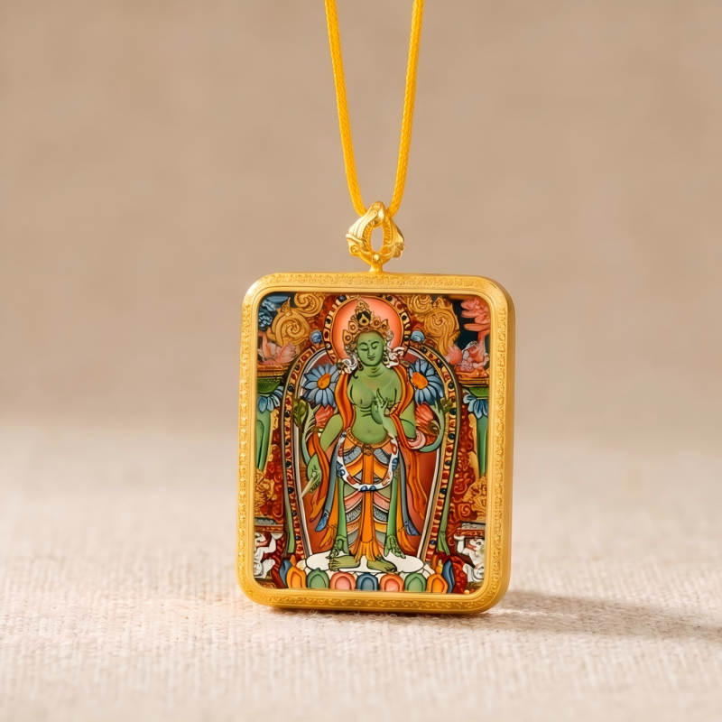 Green Tara Hand-Painted Thangka Pendant | Swift Obstacle-Removing Goddess Amulet for Protection & Good Luck thumbnail