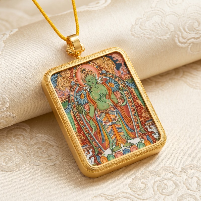 Green Tara Hand-Painted Thangka Pendant | Swift Obstacle-Removing Goddess Amulet for Protection & Good Luck thumbnail