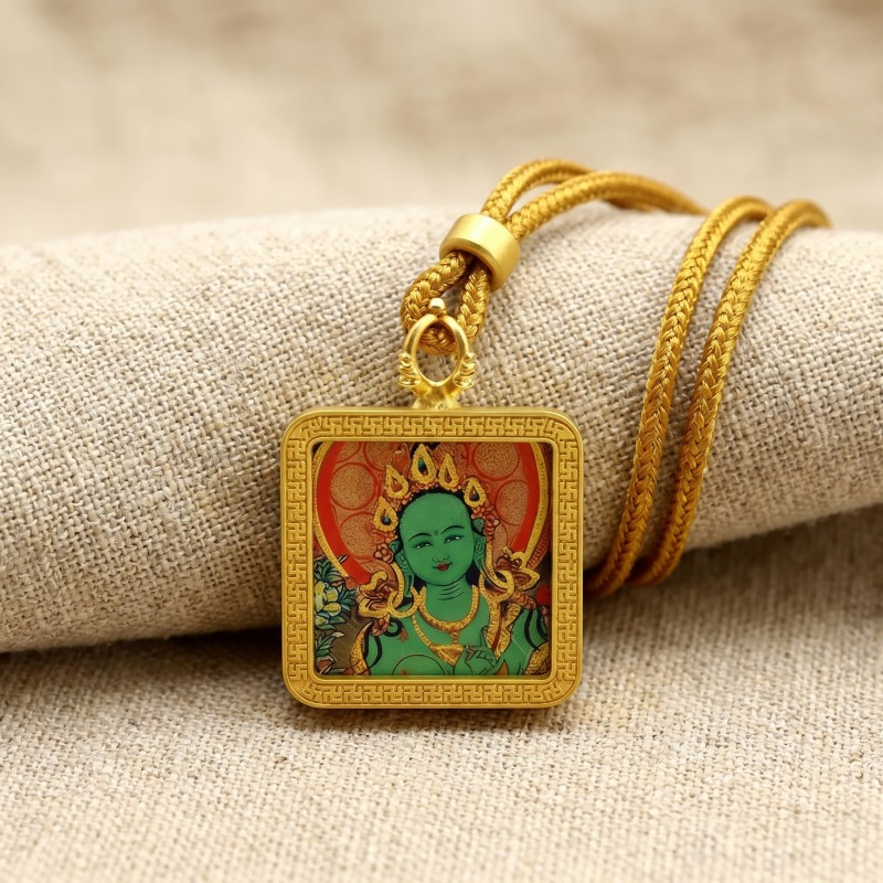 Green Tara Hand-Painted Thangka Pendant | Swift Obstacle-Removing Goddess Amulet for Protection & Good Luck thumbnail