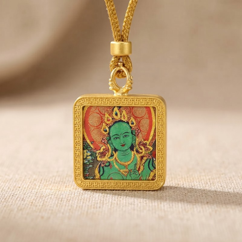 Green Tara Hand-Painted Thangka Pendant | Swift Obstacle-Removing Goddess Amulet for Protection & Good Luck thumbnail