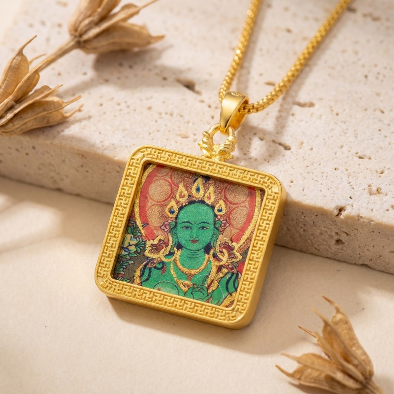 Green Tara Hand-Painted Thangka Pendant | Swift Obstacle-Removing Goddess Amulet for Protection & Good Luck thumbnail