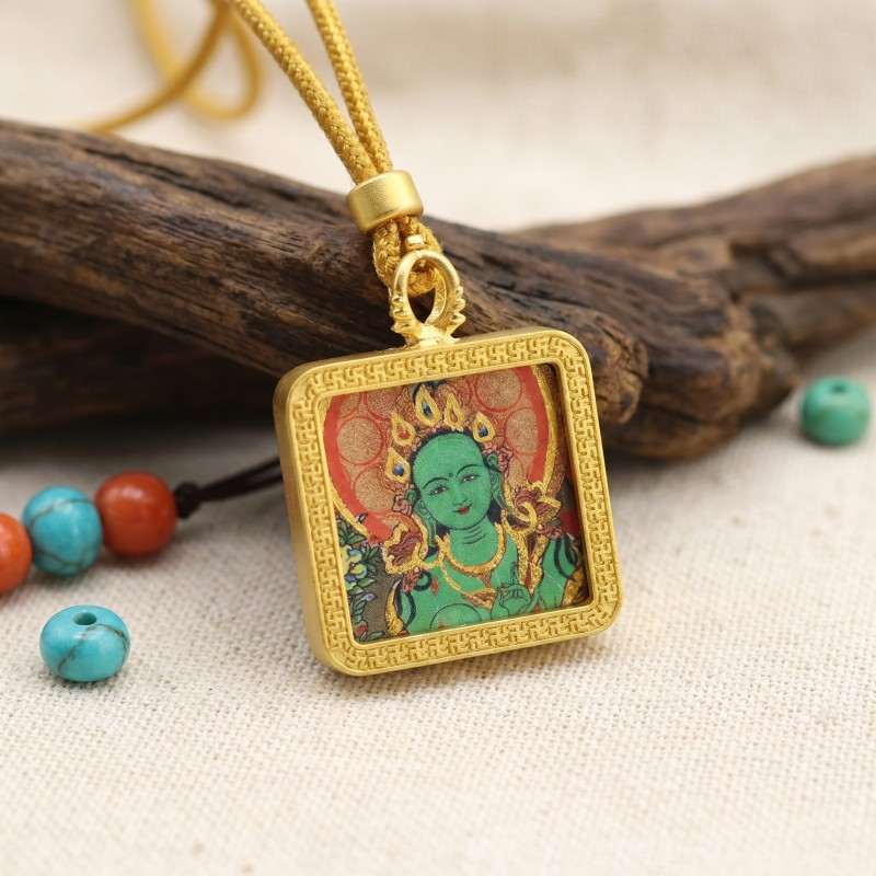 Green Tara Hand-Painted Thangka Pendant | Swift Obstacle-Removing Goddess Amulet for Protection & Good Luck thumbnail