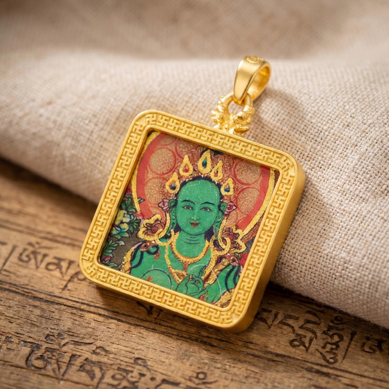 Green Tara Hand-Painted Thangka Pendant | Swift Obstacle-Removing Goddess Amulet for Protection & Good Luck thumbnail