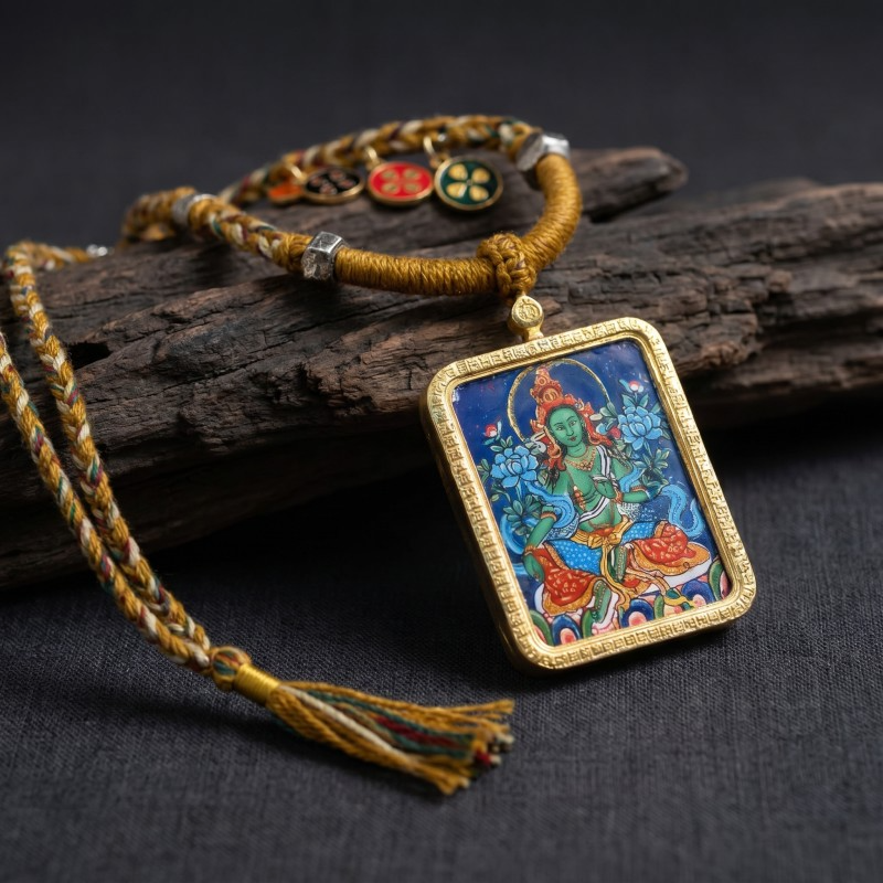 Green Tara Thangka Style Wall Art | Goddess of Compassion & Protection Decor thumbnail