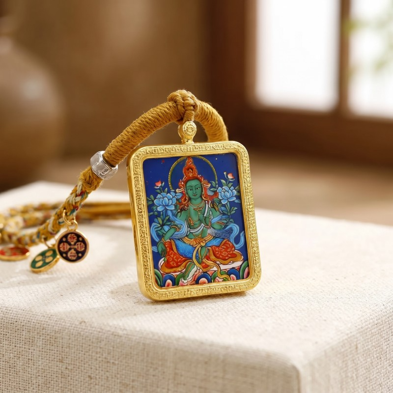 Green Tara Thangka Style Wall Art | Goddess of Compassion & Protection Decor thumbnail