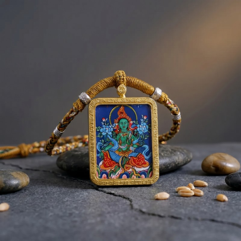 Green Tara Thangka Style Wall Art | Goddess of Compassion & Protection Decor thumbnail