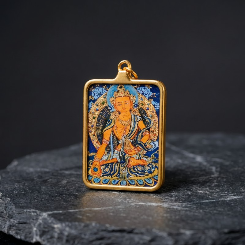 Ksitigarbha Hand-Painted Thangka Pendant | Bodhisattva of Compassion & Protection Amulet thumbnail