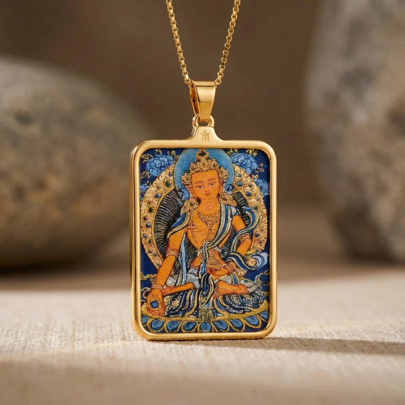 Ksitigarbha Hand-Painted Thangka Pendant | Bodhisattva of Compassion & Protection Amulet thumbnail