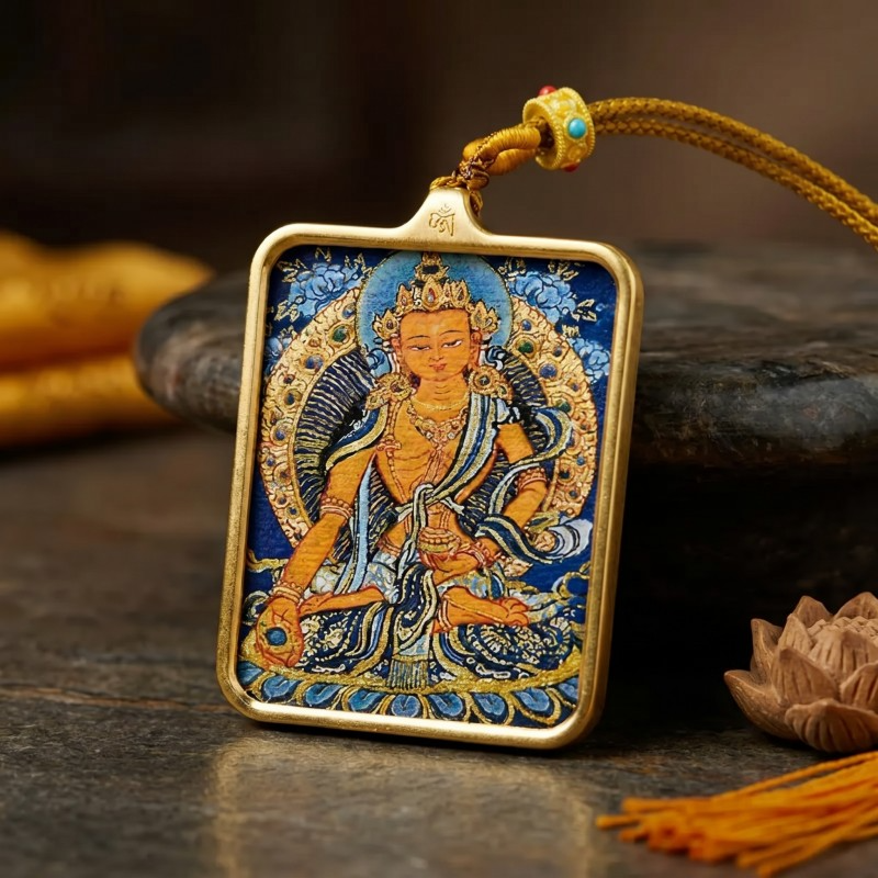 Ksitigarbha Hand-Painted Thangka Pendant | Bodhisattva of Compassion & Protection Amulet thumbnail
