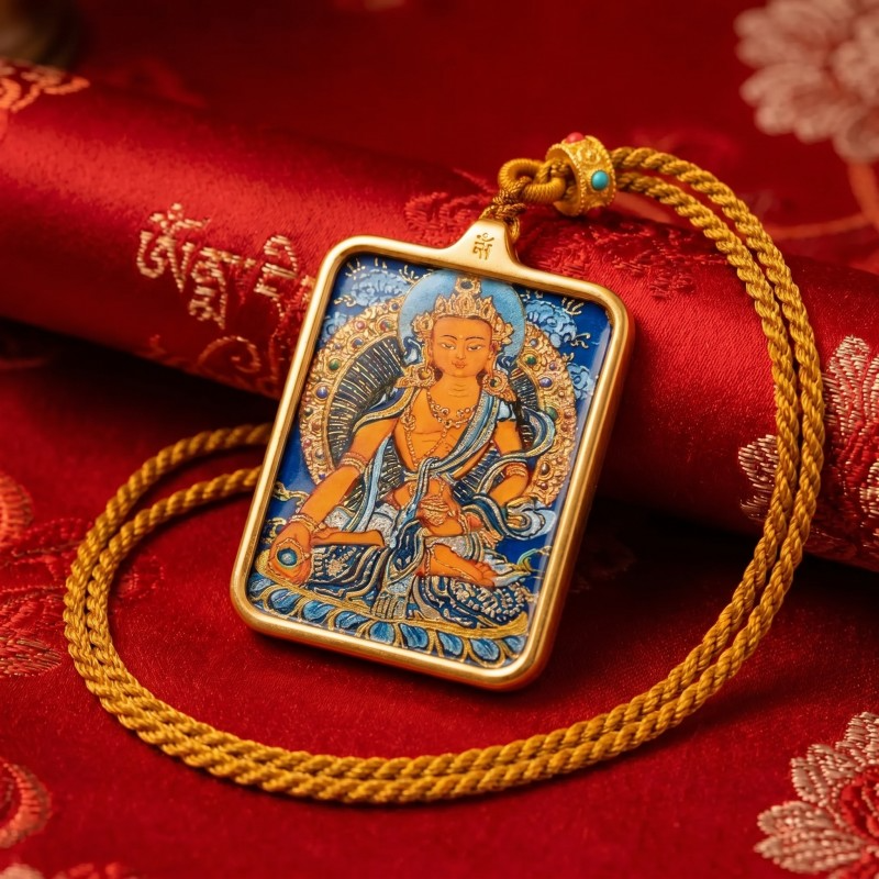Ksitigarbha Hand-Painted Thangka Pendant | Bodhisattva of Compassion & Protection Amulet thumbnail