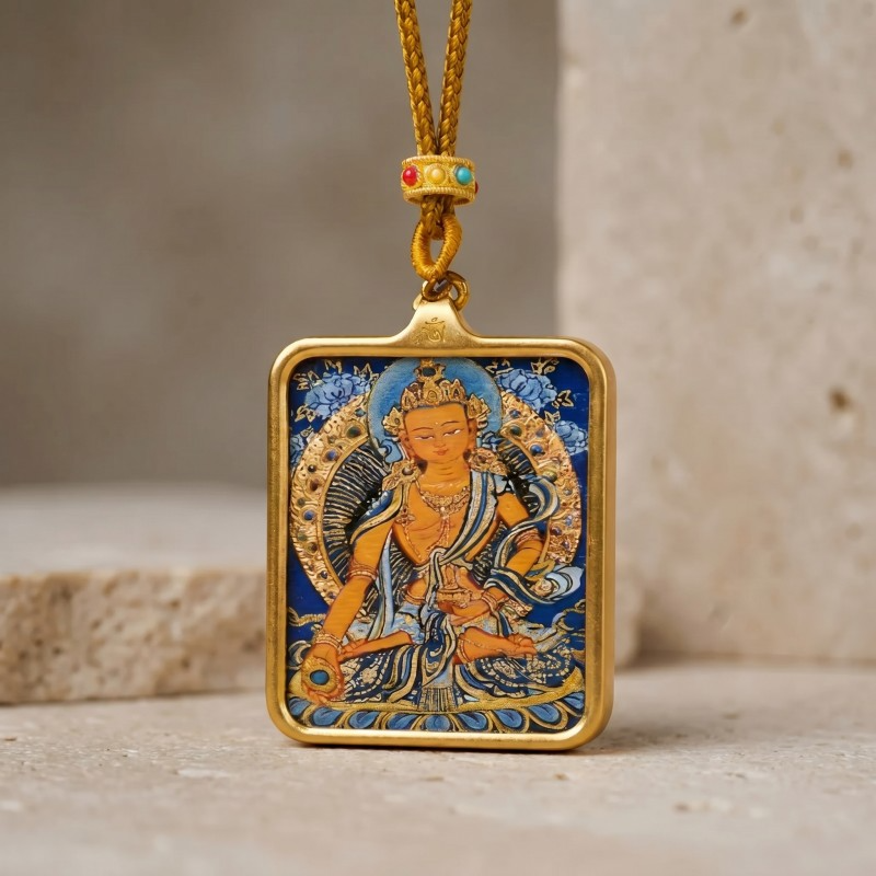 Ksitigarbha Hand-Painted Thangka Pendant | Bodhisattva of Compassion & Protection Amulet thumbnail