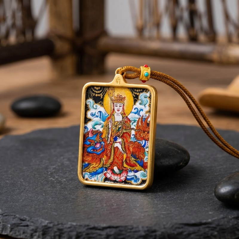 Ksitigarbha (Jizo) Hand-Painted Thangka Pendant | Bodhisattva of Compassion & Protection Amulet thumbnail