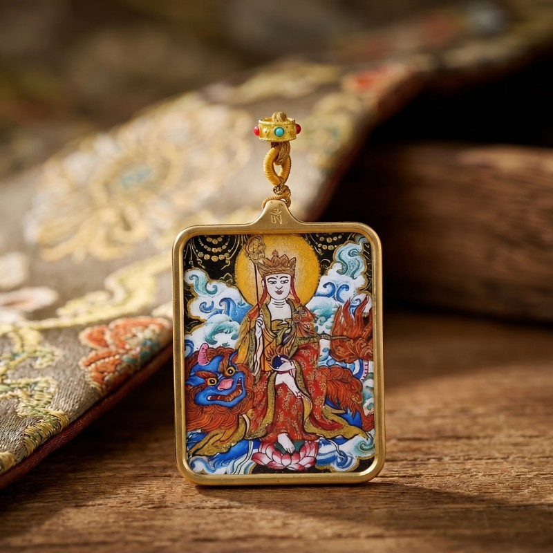 Ksitigarbha (Jizo) Hand-Painted Thangka Pendant | Bodhisattva of Compassion & Protection Amulet thumbnail