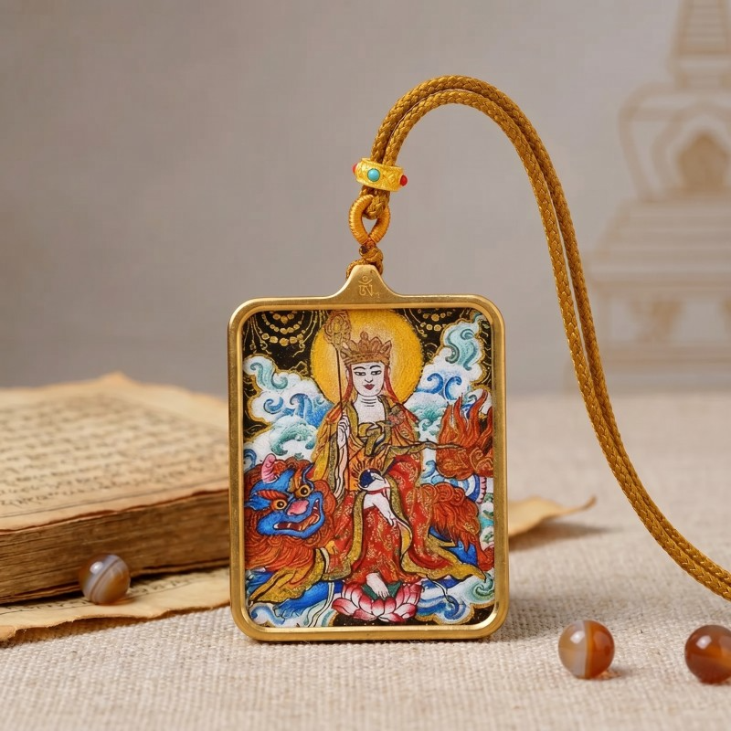 Ksitigarbha (Jizo) Hand-Painted Thangka Pendant | Bodhisattva of Compassion & Protection Amulet thumbnail
